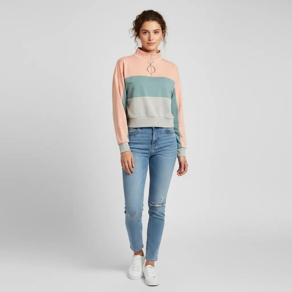 Ivoire Women's Long Sleeve Sweatshirt Color‎ Block Pullover Crop Top Size M/M